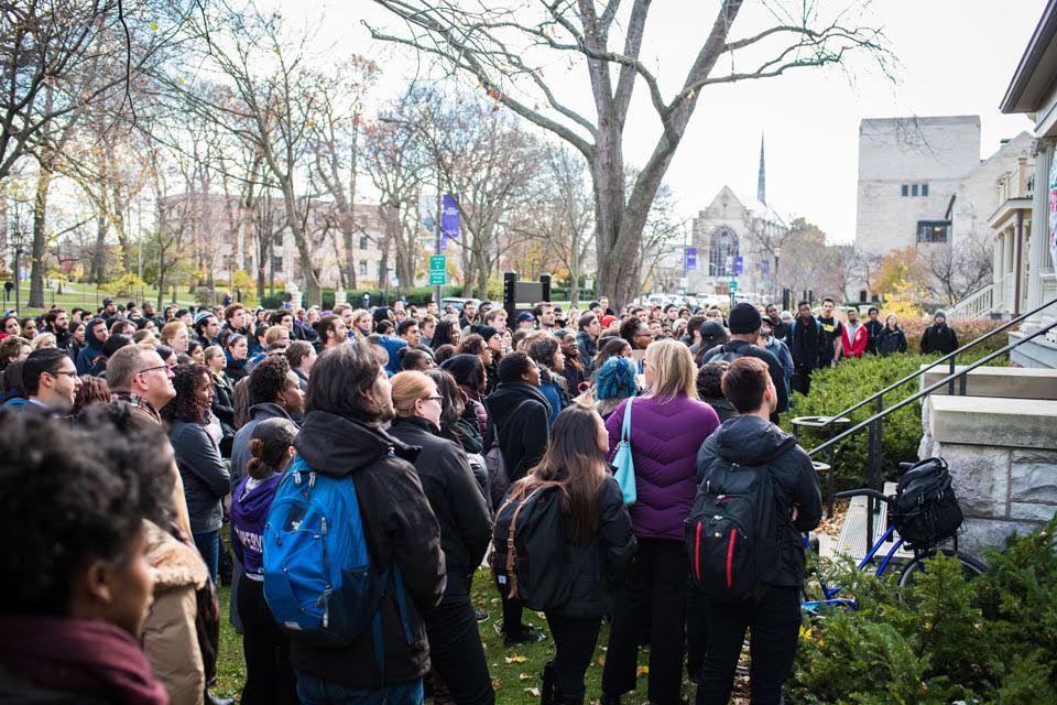 Students+gather+outside+the+Black+House+during+last+months+From+NU+to+Mizzou+demonstration.+Administrators+invited+five+to+six+student+representatives+to+discuss+issues+of+diversity+and+inclusion+early+Winter+Quarter.+