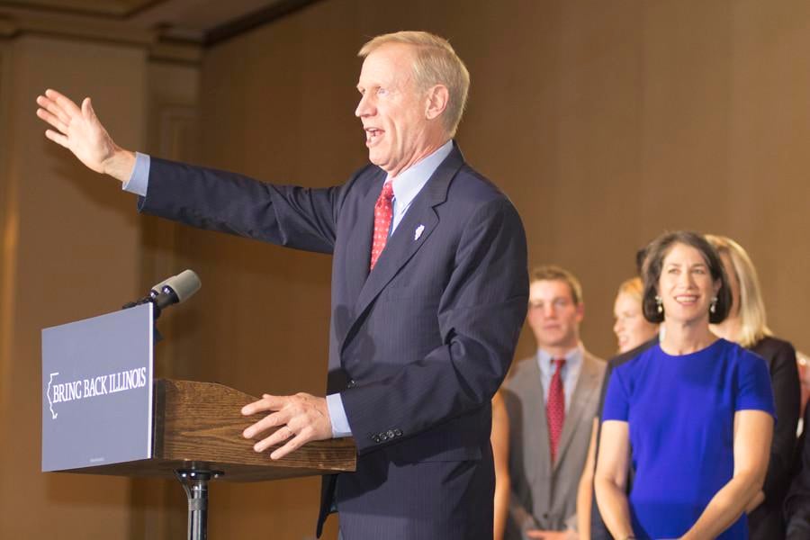 Gov. Bruce Rauner speaks to a crowd of supporters on Nov. 4, 2014, the night he was elected governor of Illinois. Rauner signed a bill this week releasing motor fuel tax revenue to local governments, including Evanston.