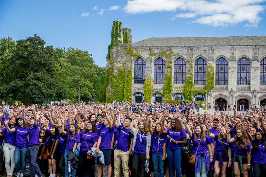 The Class of 2019 shows purple pride in Deering Meadow during Wildcat Welcome. The university broke its previous record for the highest number of applications received this year, drawing 35,034 first-year applications for the Class of 2020. 