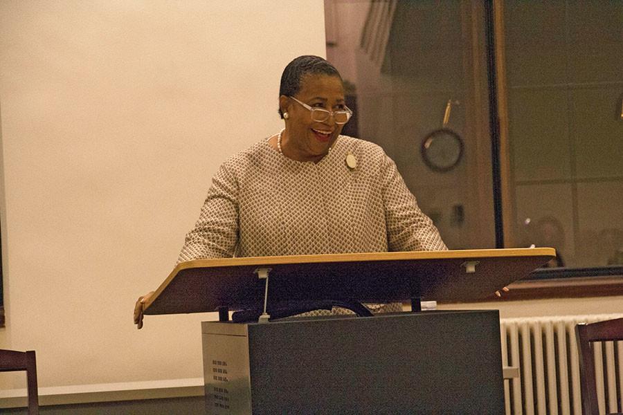 Former U.S. Senator Carol Moseley Braun addresses the political science department as a visiting speaker to celebrate the department’s centennial.  Moseley Braun spoke to the importance of social engagement and inclusiveness.