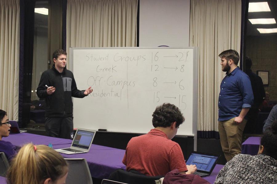 Off-campus senator Will Pritzker (left) outlines his concerns about a Senate representation reform amendment next to Erik Baker, who co-authored the amendment. The amendment, which would have increased student group representation and equalize Greek representation while decreasing off-campus representation, failed to pass.