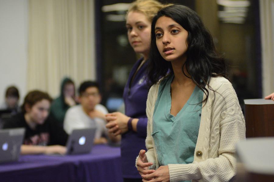 Weinberg sophomore Nehaarika Mulukutla introduces legislation supporting the creation of a relaxation room. The room would be in the new student center once Norris University Center relocates to the Donald P. Jacobs Center.