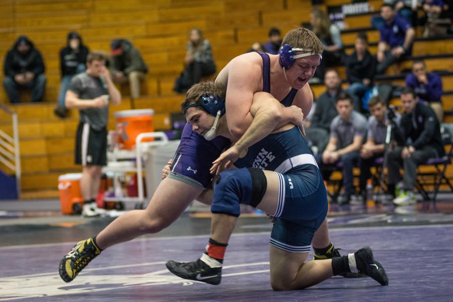 Conan+Jennings+wrestles+with+his+opponent.+Northwestern+lost+both+of+its+matches+this+weekend+during+the+285-pound+bouts%2C+Jennings%E2%80%99+weight+class.