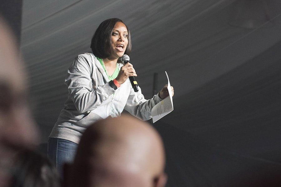 Monique Brunson Jones, CEO of Evanston Community Foundation, speaks at the kick-off of Dance Marathon on Friday night. ECF has been DMs secondary beneficiary for 19 years.