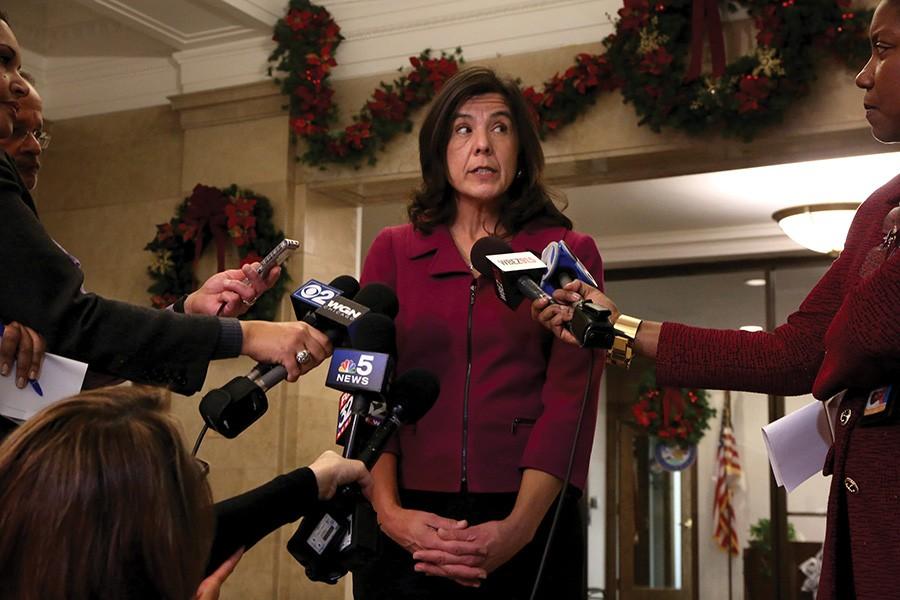Cook County States Attorney Anita Alvarez takes questions about recent allegations after protesters stormed the George Dunne Cook County building at 69 W. Washington on Dec. 3, 2015 in Chicago.