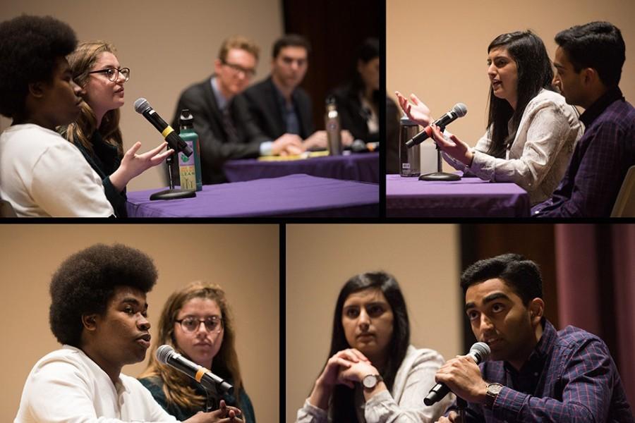 (Clockwise from bottom left) Executive vice presidential candidate Macs Vinson, presidential candidates Christina Cilento and Joji Syed and executive vice presidential candidate Archit Baskaran debate Wednesday. The debate, moderated by The Daily, was the last of three debates before students vote Thursday and Friday for Associated Student Government’s next top leaders.
