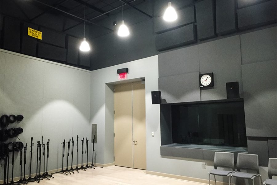 Equipment lines the wall of Northwestern’s new recording studio in Louis Hall. The space, unofficially dubbed “sound stage,” opened last month and cost about $1 million to construct.
