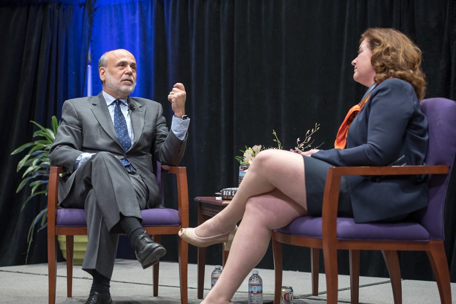 Ben Bernanke responds to a question from Kellogg Prof. Janice Eberly. The former Federal Reserve chairman discussed his role in abating the 2008 financial crisis in front of an audience of more than 700 students.