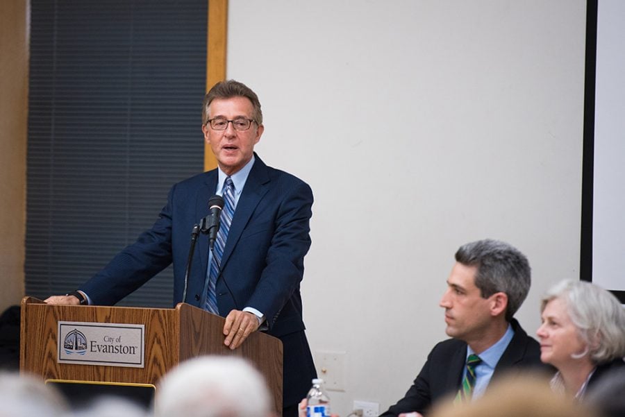 Mark Weiner, president and CEO of CJE SeniorLife, speaks at a panel about the state budget Tuesday night. Weiner said many nonprofits, including his own, have already closed or may close because of the budget stalemate.