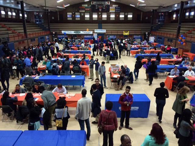Students attend the 2015 mayor’s annual youth summer job fair at Evanston Township High School. In 2016, the Youth and Young Adults Division led the fair. 