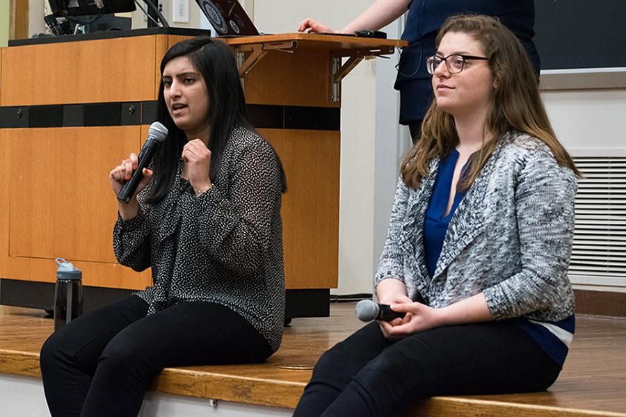 Weinberg junior Joji Syed (left) speaks at the debate. Syed faces SESP junior Christina Cilento in the presidential race. Voting begins Thursday at 5 p.m.
