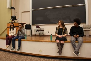 Weinberg sophomore Archit Baskaran, a candidate for executive vice president, answers a question during Tuesday’s debate. Baskaran is running with Weinberg junior Joji Syed (left). SESP junior Christina Cilento is running for ASG president with McCormick junior Macs Vinson.