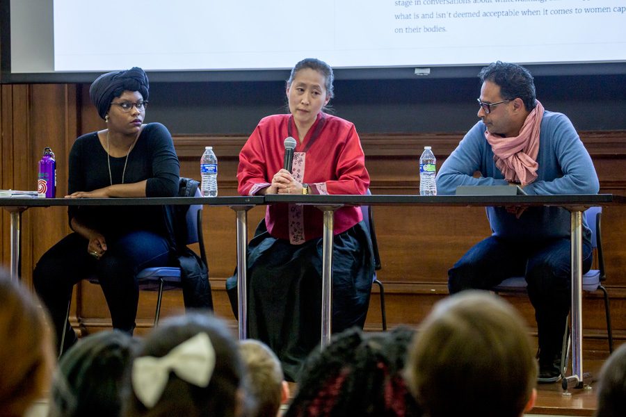 Asian American Studies Prof. Ji-Yeon Yuh, Anthropology Ph. D. student Ashley Agbasoga and African American Studies Prof. Alexander Weheliye speak at Northwestern Sex Week’s panel discussion about racial fetishism Thursday night. The event had about 60 students in attendance.