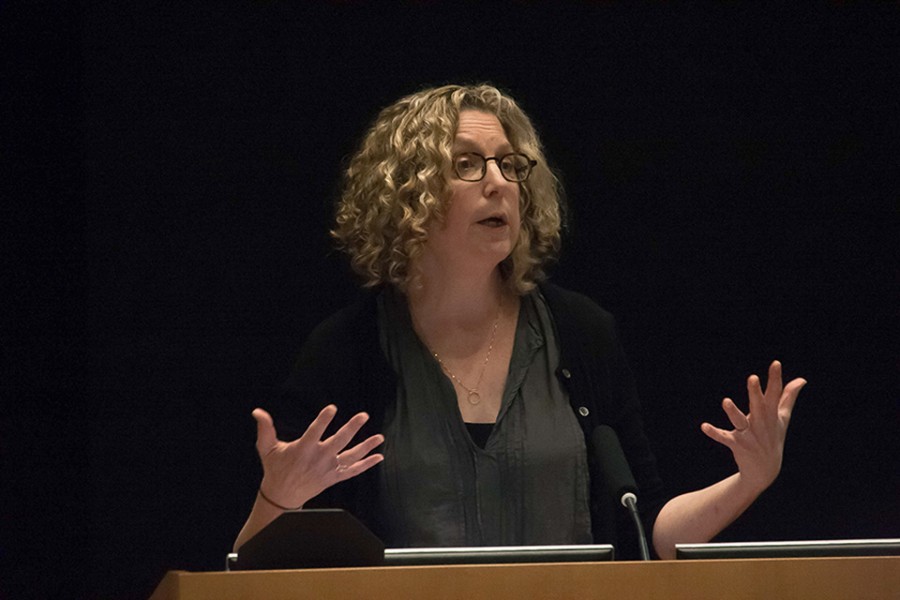 Author Peggy Orenstein speaks at the McCormick Foundation Center Forum on Monday. Orenstein, who wrote “Girls and Sex: Navigating the Complicated New Landscape, spoke about sex and the unique obstacles teenage girls face.