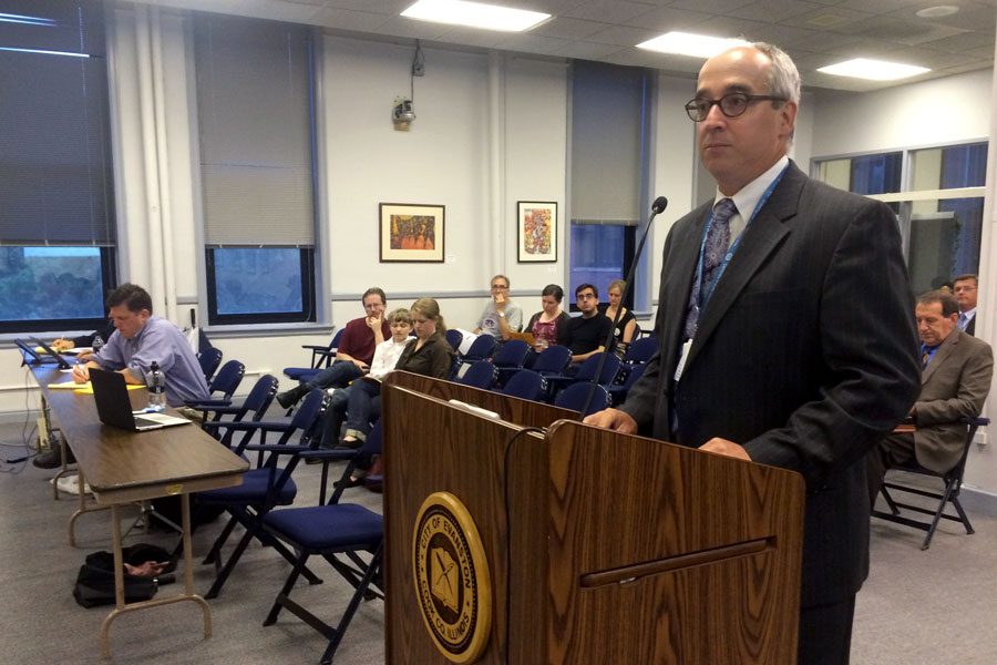 Marty Lyons, Evanston’s chief financial officer, speaks at a City Council meeting Monday. Lyons said Evanston would provide a year of free identity theft insurance and credit monitoring to employees whose tax information was mishandled in the mail. 