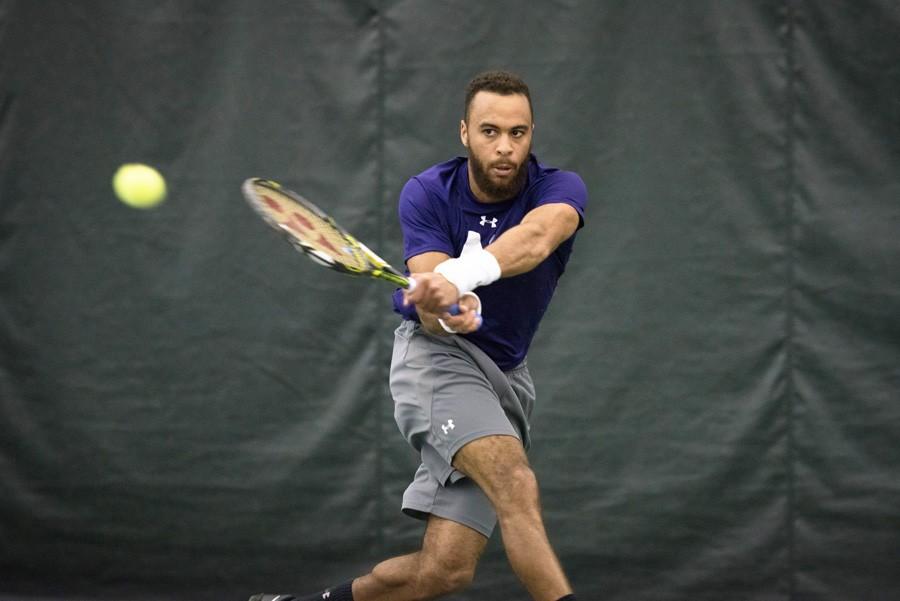 Sam Shropshire launches a backhand. The junior, and doubles partner Konrad Zieba, have locked up the No. 2 doubles spot for Northwestern thus far. 