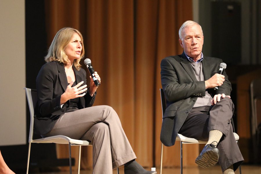 Boston Globe journalists Sacha Pfeiffer (left) and Walter Robinson discuss their Pulitzer Prize-winning work that uncovered a series of Roman Catholic Church sexual abuse cases in Boston. The journalists visited Northwestern during an event hosted by A&O Productions and Studio 22. 
