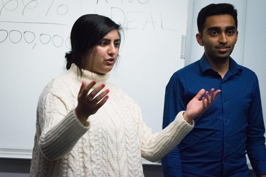 Weinberg junior Joji Syed (left) and Weinberg sophomore Archit Baskaran lead a campaign meeting. The two are running for Associated Student Government president and executive vice president on the slogan “A NU Deal.”