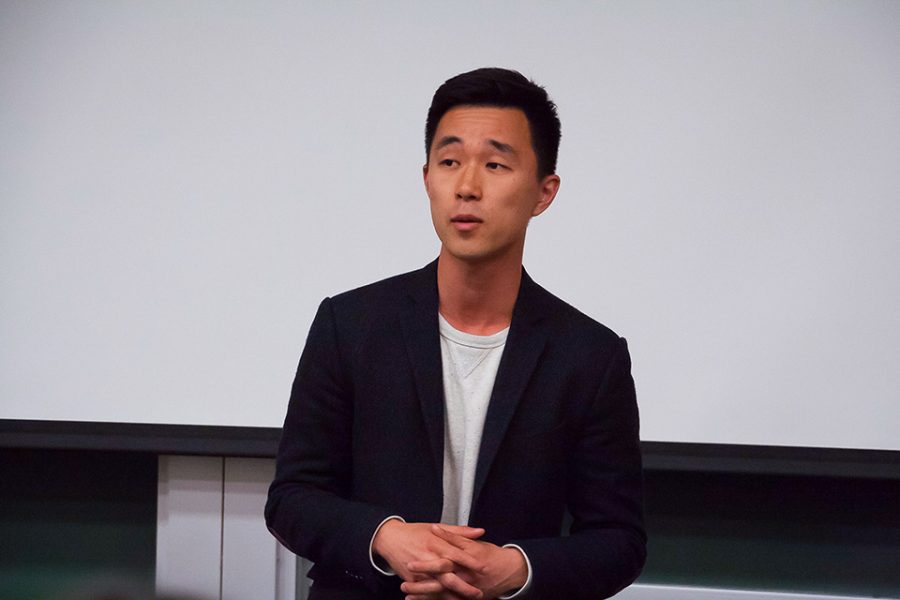 Activist Ju Hong speaks at Annenberg Hall. Hong, who was once an undocumented immigrant, drew headlines in 2013 when he heckled President Barack Obama, calling on him to end deportations.