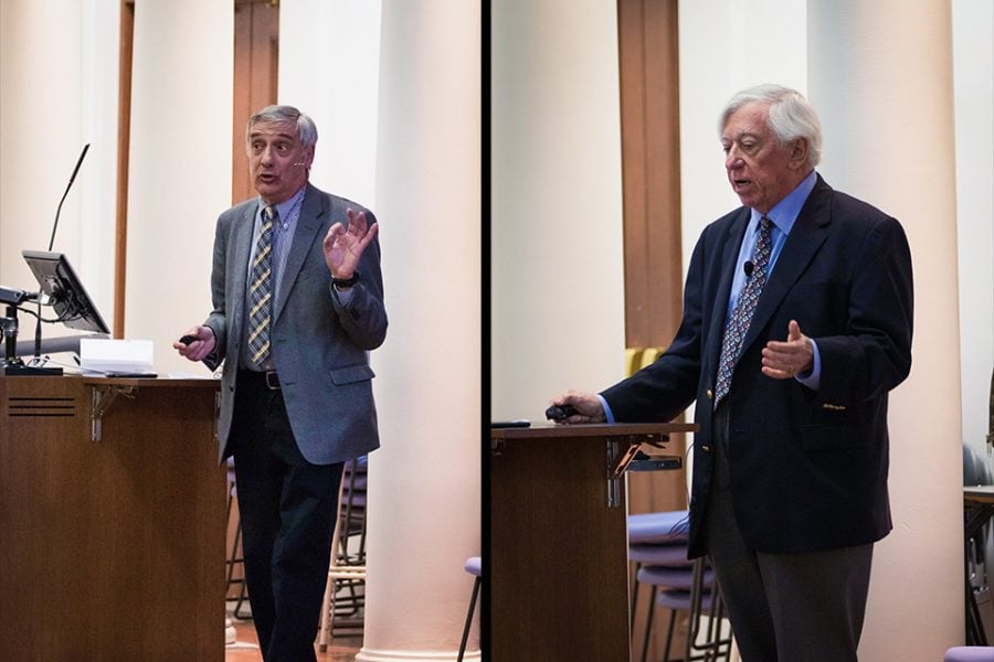 Profs. Joel Mokyr (left) and Robert Gordon debate the future of economic growth. Gordon argued that US growth will never return to its mid-century peak, while Mokyr countered that technology will continue to fuel advances in productivity.