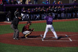 Zach Jones settles in the batter’s box. The senior recently collected his 200th career hit at Northwestern. 