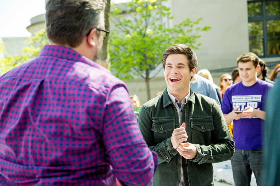Actor Adam DeVine laughs with director Jake Szymanski (Communication ‘04) at The Rock. The duo visited Northwestern on Wednesday to promote its upcoming film “Mike and Dave Need Wedding Dates.”