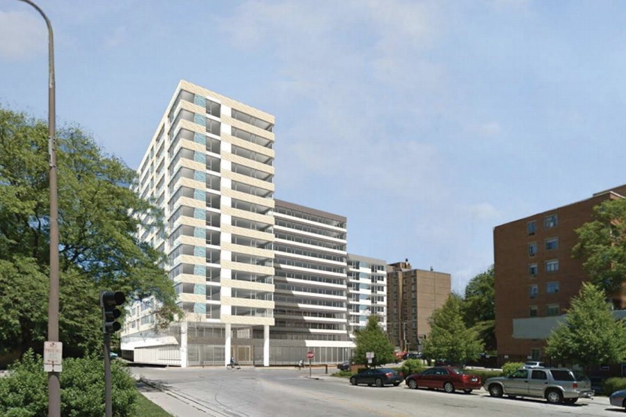 An initial rendering of the proposed housing development on Emerson Street. The high-rise, which would have been located at 831 Emerson Street, spurred city officials to consider creating a downtown sub-area north of Emerson Street.