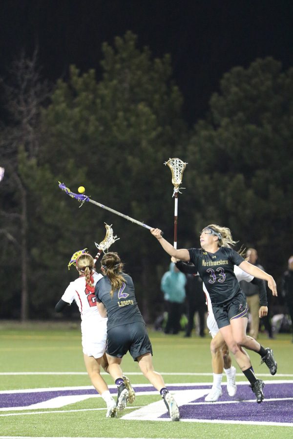 Shelby Fredericks battles for a draw control. The sophomore attacker scored 3 goals in Northwesterns last game.