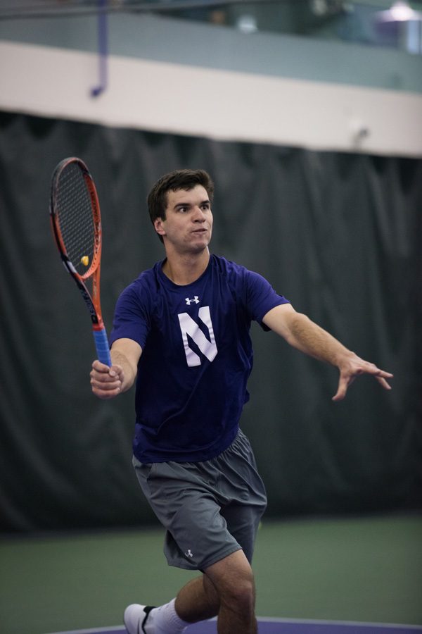 Konrad Zieba hits a volley. Northwestern’s top-ranked singles player will look to lead the team to the tournament’s main stage in Tulsa, Oklahoma.