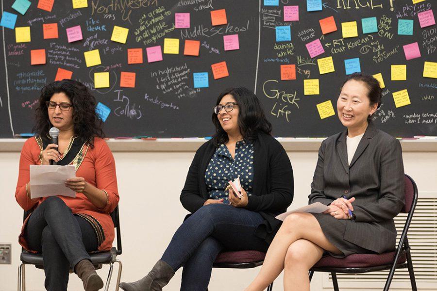 Asian American studies Prof. Nitasha Sharma (left) speaks at an event Tuesday. Sharma, Prof. Shalini Shankar (center) and Prof. Ji-Yeon Yun (right) discussed what it means to be Asian in America.