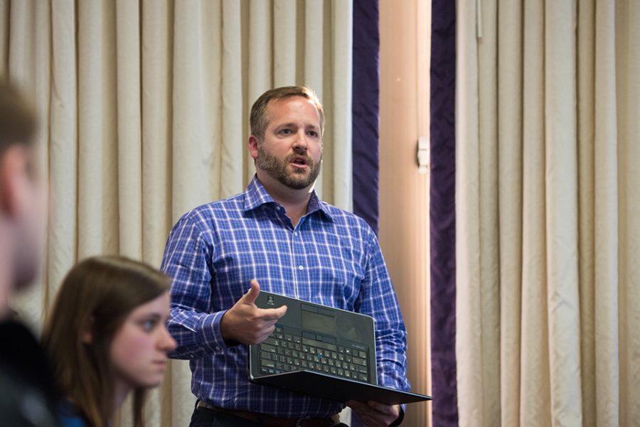 Brent Turner, executive director of Campus Life, speaks at Associated Student Government Senate on Wednesday. Turner said he wants students and administrators to start a dialogue about student group exclusivity.