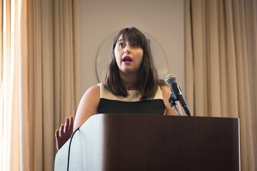 Weinberg junior Lauren Thomas, the Associated Student Government election commissioner, speaks at a Senate meeting Wednesday. Thomas presented potential changes to ASG’s election guidelines following leaks during the presidential election in April.