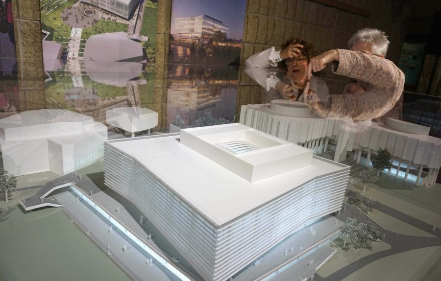 The model for the University Commons was uncovered on the ground floor of Norris University Center and will remain on display there. 