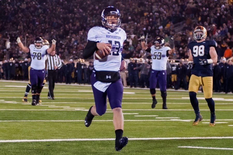 Trevor Siemian runs for a touchdown in Northwestern’s 43-40 win over Notre Dame in 2014. The ex-Wildcat will take over for the now-retired Peyton Manning as starting quarterback for the Denver Broncos.