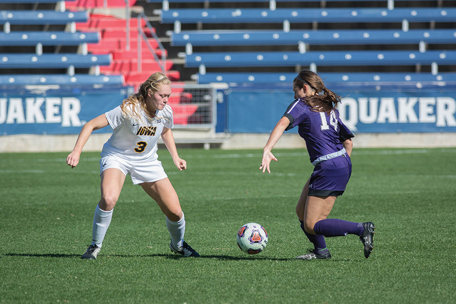 Marisa Viggiano takes on a defender. The sophomore midfielder assisted on the second of three second-half goals by Northwestern to run past James Madison on Sunday.