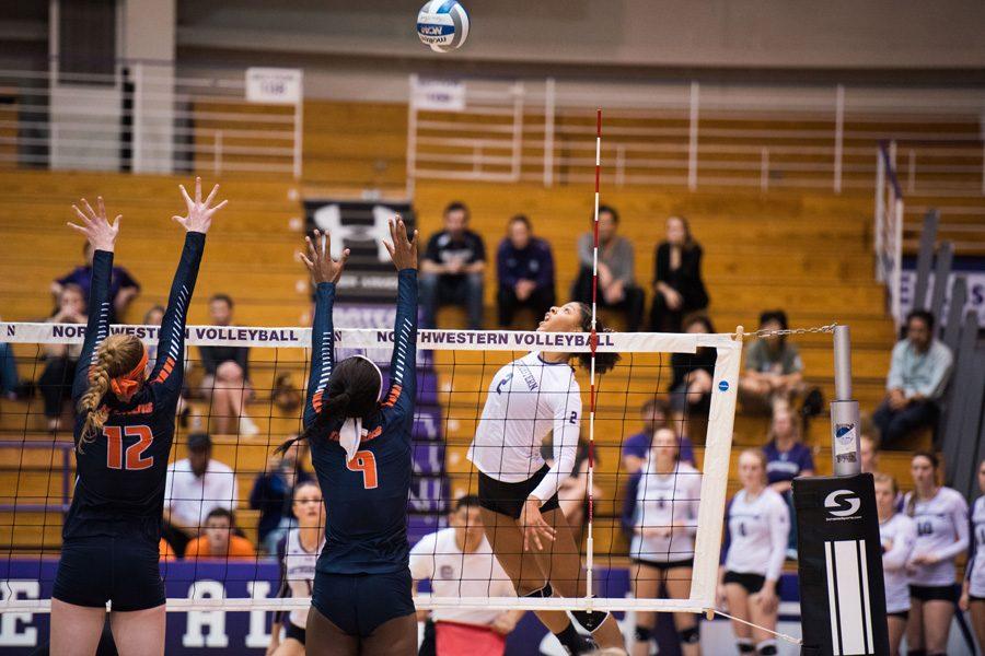 Symone Abbott prepares for a spike. The junior finished with 46 kills over the course of the UNI Tournament this weekend. 