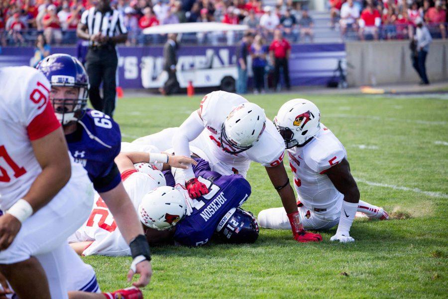 Justin Jackson gets tackled for a loss. The junior running back only managed 39 rushing yards in Saturdays loss to Illinois State.