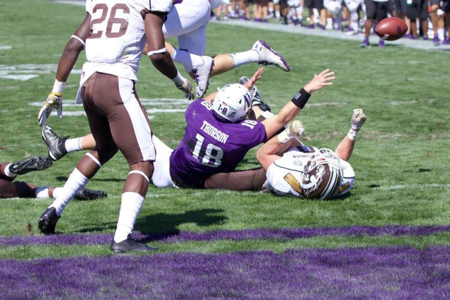 Clayton Thorson loses the ball on the one-yard line late in the fourth quarter Saturday. The sophomore quarterback had been trying to score on a first-and-goal from the six, but ultimately fell just short.