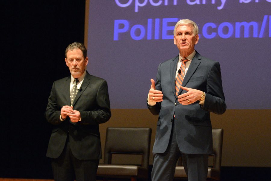 Evanston/Skokie School District 65 Superintendent Paul Goren and District 202 Superintendent Eric Witherspoon speak at an event this year. Goren and Witherspoon outlined steps schools are taking to combat the possibility of a clown hoax reaching Evanston.
