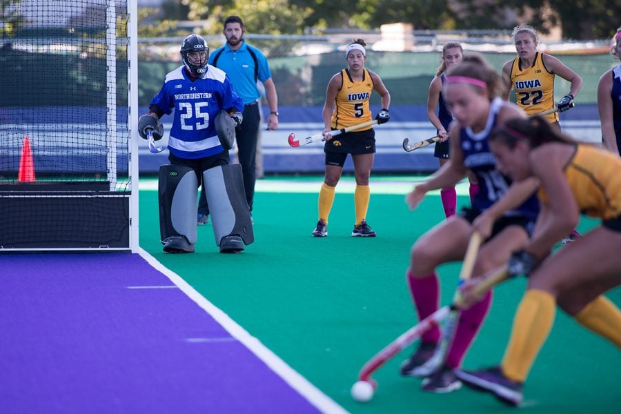 Lindsay von der Luft waits at the goalpost. The senior goaltender was called into action in Northwestern’s first penalty shootout since 2006 in Saturday’s loss to No. 17 Stanford.