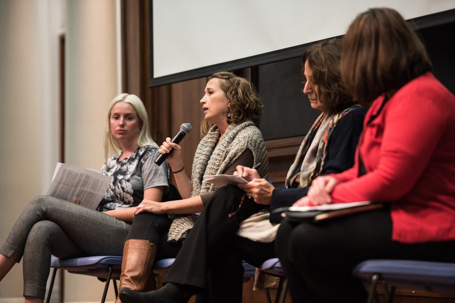 April Harrington, development director at Growing Home, speaks during Real Food at NU’s panel Tuesday night. The panel, held at Harris Hall, discussed food insecurity as part of this year’s Food Week.