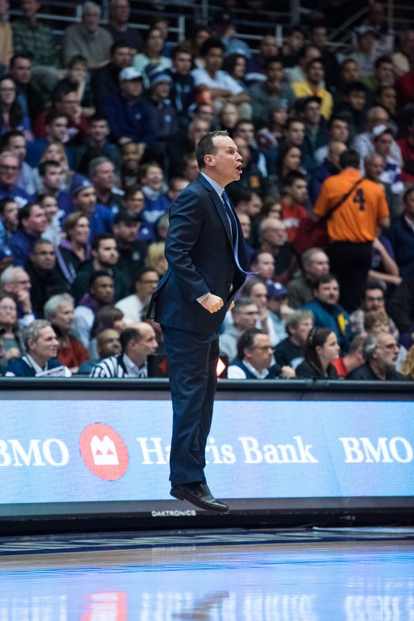 Chris Collins jumps on the sideline. Heading into his fourth season, the coach is looking for players to step into the holes left by the graduations of Tre Demps and Alex Olah.  