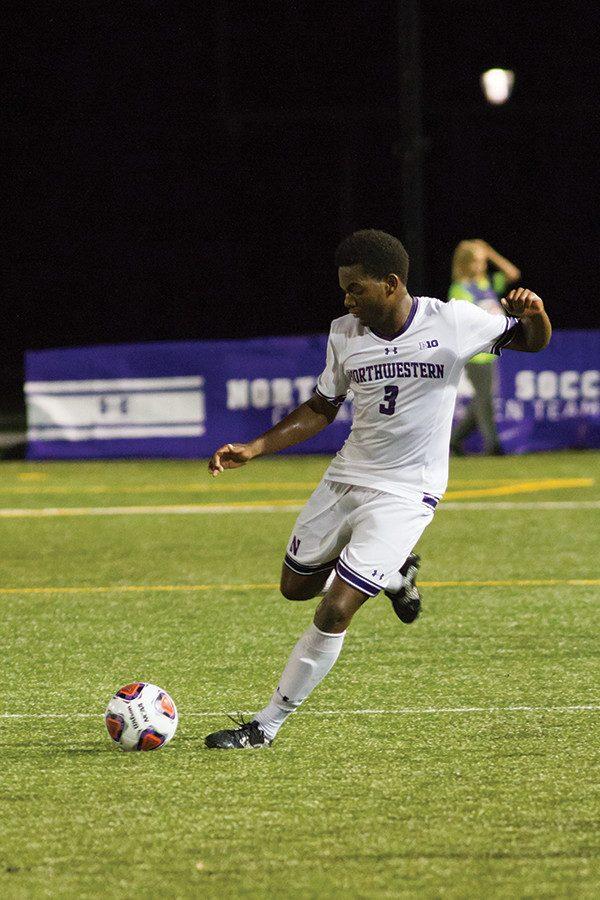 Andrew McLeod sends the ball downfield. The freshman defender will look to help solidify Northwestern’s back line in a matchup with UIC on Tuesday.