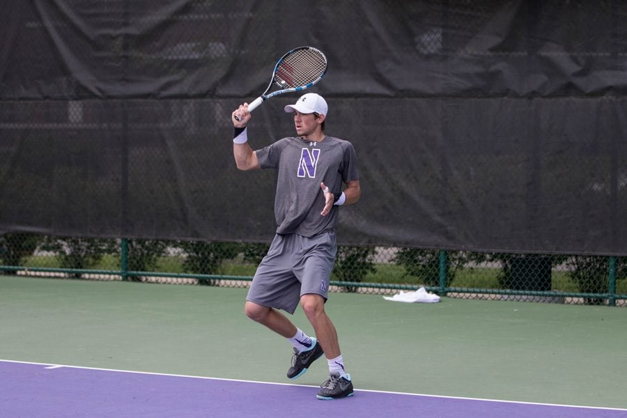Strong Kirchheimer hits a forehand return. The senior won the ITA Midwest Regionals final in straight sets to capture the individual title and qualify for the ITA National Indoor Championships.