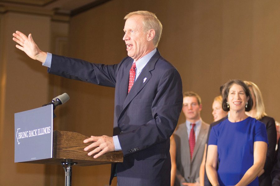 Gov. Bruce Rauner speaks to his supporters after he was elected governor of Illinois on Nov. 4, 2014. Rauner is being sued by anti-abortion pregnancy centers for a bill that requires doctors to give patients information about abortion services. 