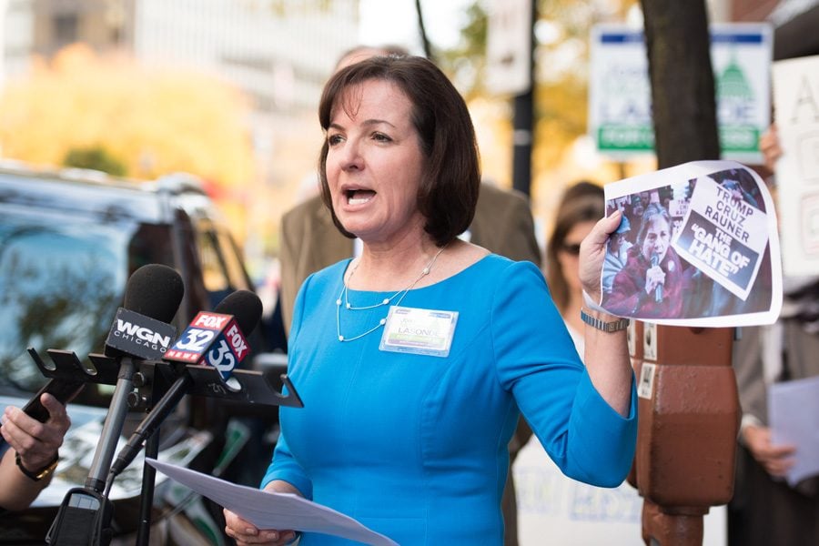 Republican congressional candidate Joan McCarthy Lasonde speaks to supporters and the media outside of the office of Rep. Jan Schakowsky (D-Evanston) at 820 Davis St. Lasonde called on Schakowsky to resign after videos released by Project Veritas Action appear to show Schakowsky’s husband talk about voter fraud.