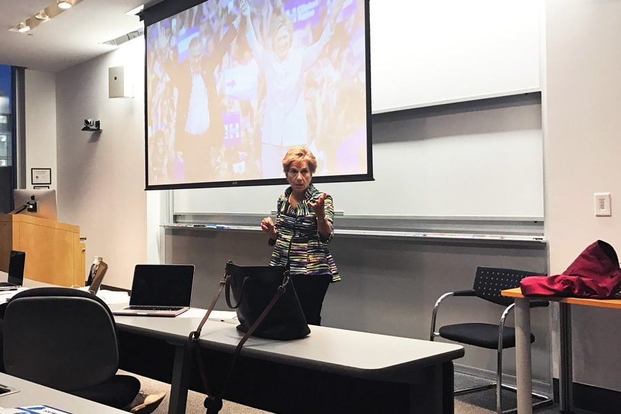 U.S. Rep. Jan Schakowsky (D-Ill.) speaks to students about the effect of voting for a third party candidate in the upcoming presidential election. She urged students and faculty to support Hillary Clinton by continuing frequent phone banking and making a personal impact on undecided voters. 