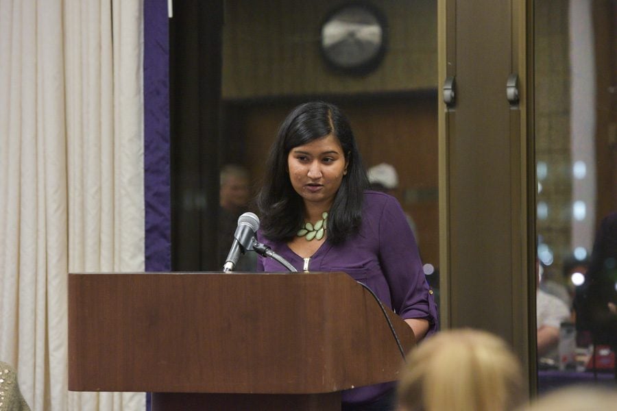 SESP junior Sumaia Masoom speaks during ASG Senate on Wednesday. Masoom stepped down from her position as Associated Student Government co-vice president for student life.