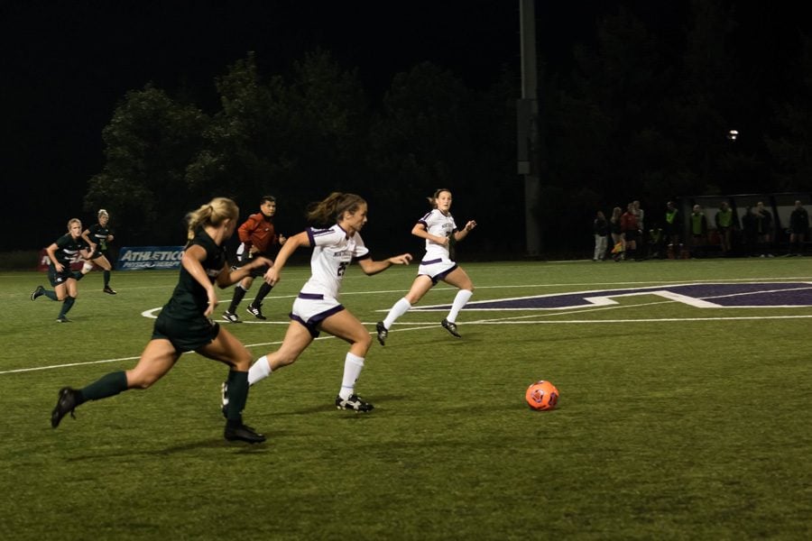 Rachel Zampa dribbles up the field. The senior midfielder and NU could win the Big Ten regular season title outright with a win against Illinois on Wednesday.