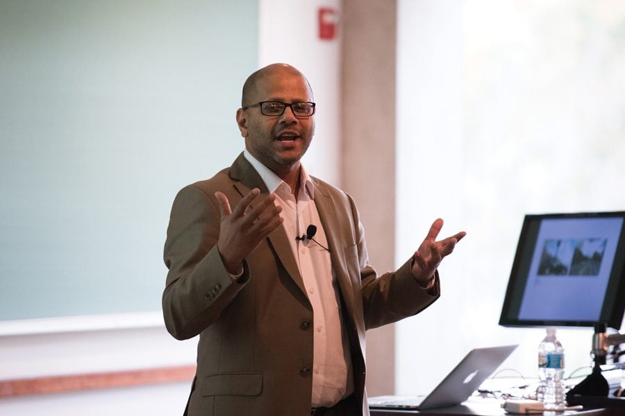 Interdisciplinary artist Hasan Elahi speaks at an event co-hosted by the Block Museum of Art and the McCormick School of Engineering and Applied Science. Elahi discussed the intersection of art and engineering.